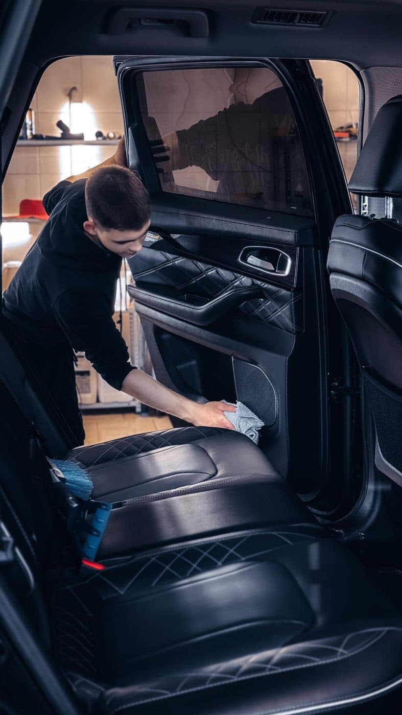 Detailer wiping a leather door panel